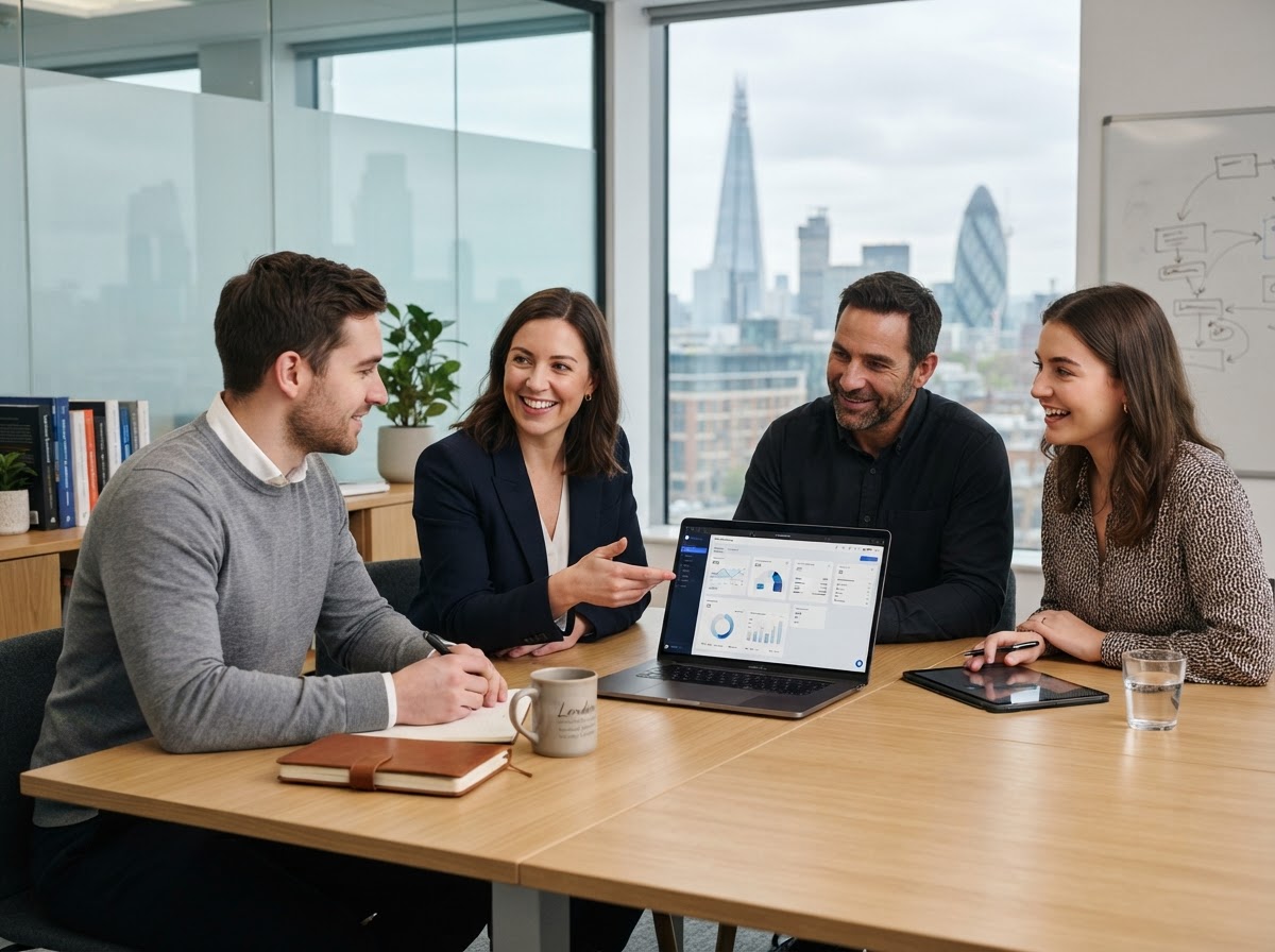 Crypto Thinkchain team reviewing predictive analytics and capital allocation models